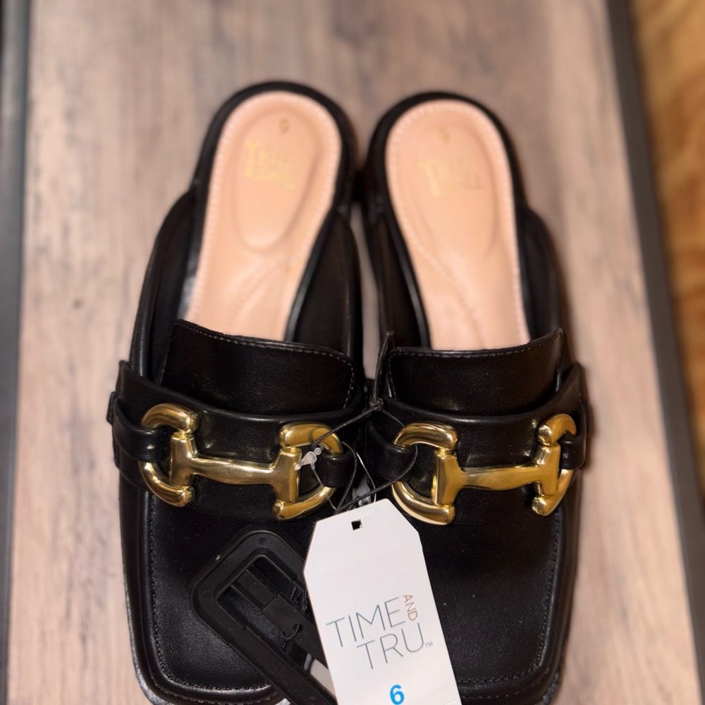 Time and Tru Women's Black Loafers with Gold Detail
